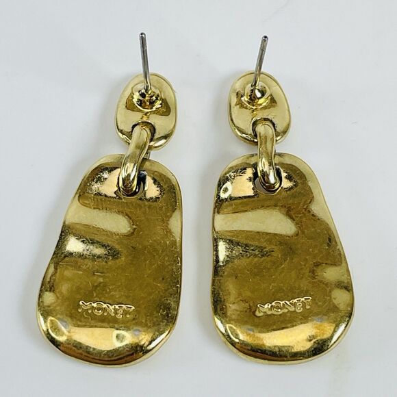 Vintage Monet Hammered Gold Tone Drop Earrings 1.25" Abstract Dangle Signed - Picture 3 of 6